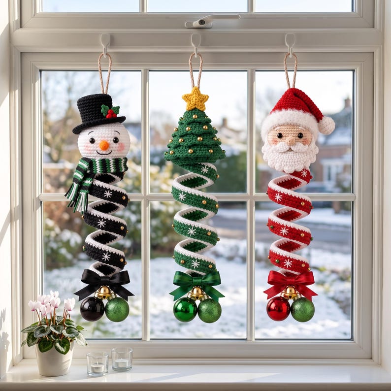 May include: Three hanging crochet Christmas decorations featuring a snowman in a black hat, a green Christmas tree with a yellow star, and a Santa Claus figure. Each ornament has a spiral body with snowflake patterns, a bow, and two baubles.