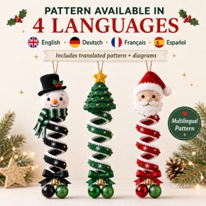 May include: Three crochet ornaments featuring a snowman with a black hat, a green Christmas tree with a yellow star, and a Santa Claus head. Each has a spiral body with white snowflake patterns, a ribbon bow, and two small hanging baubles.