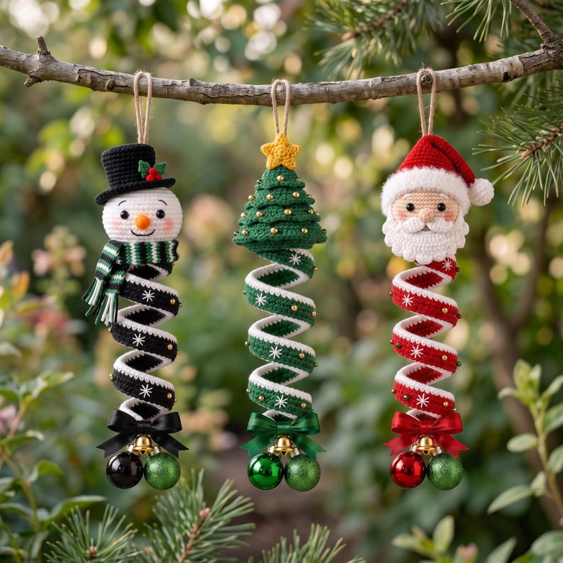 May include: Three hanging crochet ornaments featuring a snowman in a black hat, a green Christmas tree with a yellow star, and Santa Claus. Each figure has a long, spiraling body decorated with white star patterns, a bow, and two small jingle bells.