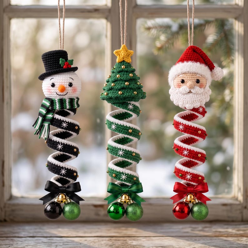 May include: Three hanging crochet ornaments featuring a snowman with a black top hat, a green Christmas tree with a yellow star, and a Santa Claus head. Each figure has a long, spiraling tail decorated with white snowflakes and small bells.