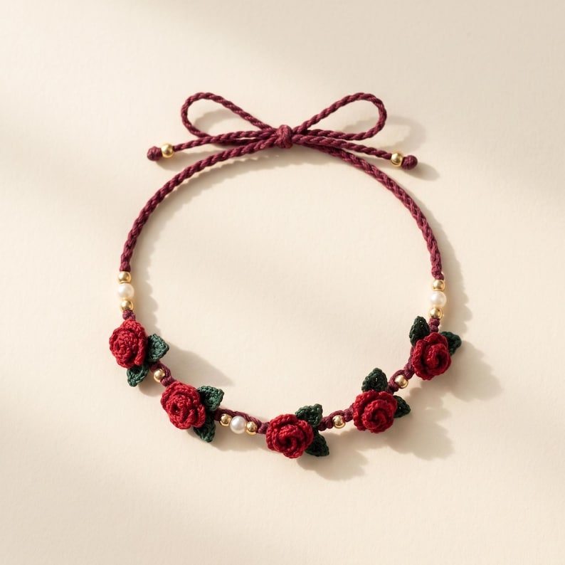 Red Rose Crochet Bracelet Pattern PDF, Floral Jewelry, Adjustable ...