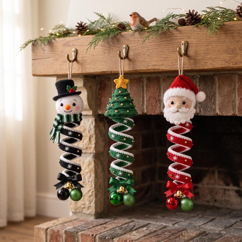 May include: Three hanging crochet Christmas ornaments featuring a snowman with a black hat, a green Christmas tree with a yellow star, and a Santa Claus head. Each ornament has a spiral body with white snowflake patterns, a satin bow, and two small bells.