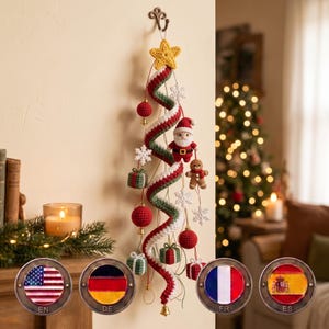 May include: A spiral-shaped crochet Christmas tree wall hanging featuring a yellow star topper, red and green yarn stripes, and hanging ornaments including a Santa Claus, a gingerbread person, small gift boxes, red spheres, and white snowflakes.