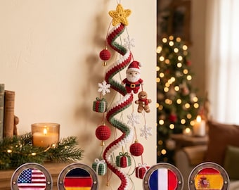 May include: A spiral-shaped crochet Christmas tree wall hanging featuring a yellow star topper, red and green yarn stripes, and hanging ornaments including a Santa Claus, a gingerbread person, small gift boxes, red spheres, and white snowflakes.