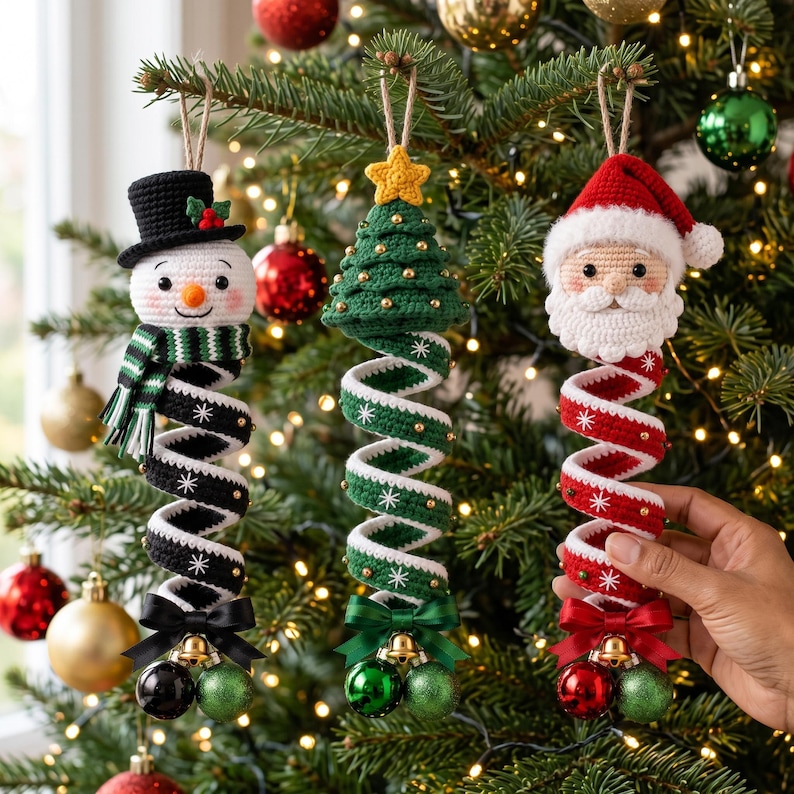 May include: Three crochet Christmas ornaments hanging from strings. One is a snowman with a black hat and scarf, one is a green Christmas tree with a yellow star, and one is a Santa Claus. Each has a spiral body with white snowflakes and a bow.