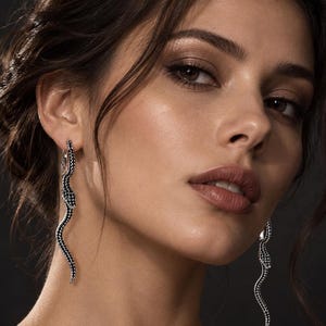 Peut inclure: Une paire de longues boucles d'oreilles pendantes en forme de serpents élancés. Les boucles d'oreilles présentent une finition argentée métallique avec des détails noirs complexes le long du corps, créant un aspect texturé et écailleux.