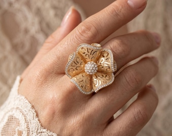 Gold Blume Statement Ring, Kristall akzentuiert, Vintage Style einstellbar Schmuck