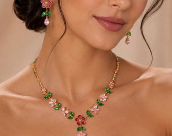 Floral Kristall Halskette und Ohrringe Set, rosa Blume grünes Blatt Zirkon Brautschmuck