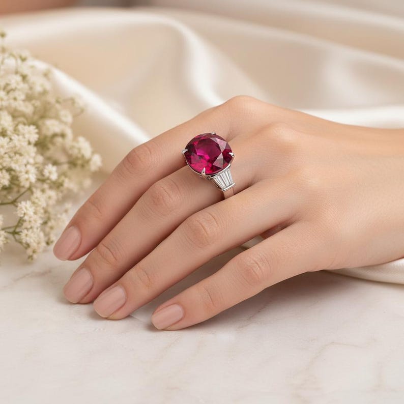 Puede incluir: Un anillo de plata con una gran gema redonda de color rojo intenso. El anillo tiene un dise&ntilde;o cl&aacute;sico con tres piedras rectangulares m&aacute;s peque&ntilde;as a cada lado de la piedra principal. El anillo se muestra en una mano con u&ntilde;as cuidadas.