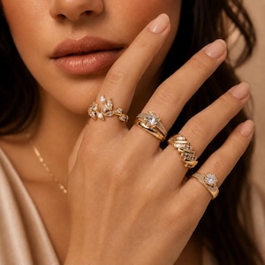 Gold Crystal Adjustable Ring Set, 4 Piece Rhinestone Stacking Rings, Bridal Jewelry
