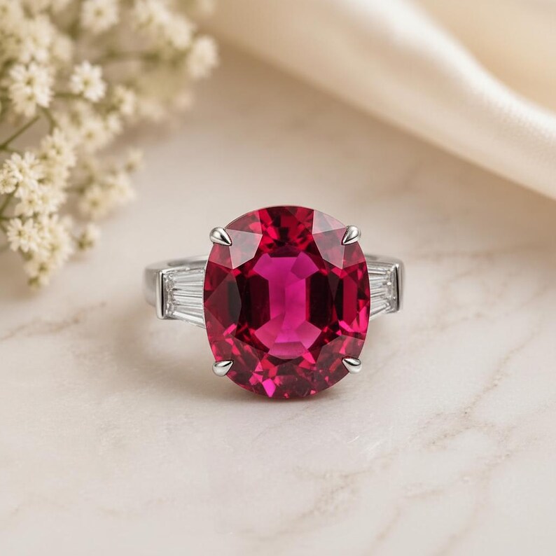Puede incluir: Un anillo de plata con una gran piedra preciosa roja oscura de talla ovalada. El anillo tiene dos piedras preciosas rectangulares y transparentes a cada lado de la piedra principal. El anillo est&aacute; sobre un fondo suave y neutro con flores blancas.