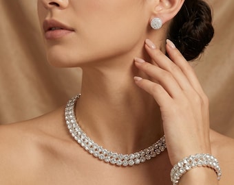 Set composto da collana girocollo, bracciale e orecchini con strass, accessori da sposa, matrimonio e ballo di fine anno.