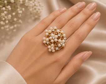 Oversized Floral Pearl Ring, Gold Crystal Statement Jewelry, Vintage Inspired Adjustable Band