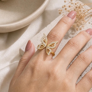 Gold Butterfly Leaf Ring, Crystal Open Adjustable Statement Jewelry