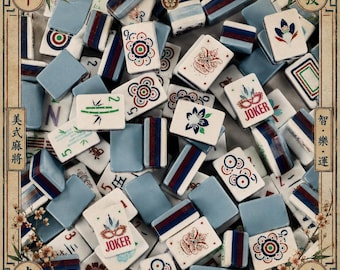 Fichas de mahjong de acrílico azul de cuatro capas estilo americano con diseño floral para entretenimiento en el hogar.