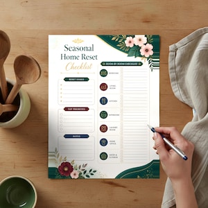 Könnte beinhalten: Eine Seasonal Home Reset Checkliste auf weißem Papier mit dunkelgrünen und floralen Akzenten. Das Dokument enthält Abschnitte für Reset-Ziele, Prioritäten, Notizen und eine raumweise Checkliste mit Symbolen für Schlafzimmer, Wohnzimmer, Küche, Badezimmer, Waschküche, Heimbüro sowie Eingangs- und Außenbereiche.