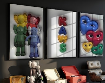 Set di 3 decorazioni murali HypeBeast per la stanza, set di quadri da parete fantastici, download digitale, pacchetto di quadri da parete 3D KAWS, quadri da parete HypeBeast, quadri da parete di tendenza, decorazioni murali 3D