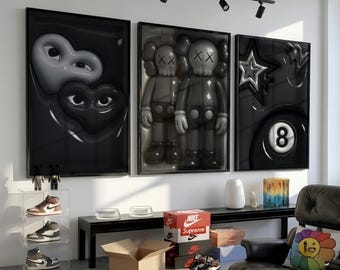 HypeBeast ルームデコレーション クールなウォールアートセット 3点セット デジタルダウンロード、3D KAWS ウォールアートバンドル、HypeBeast ウォールアート、トレンディなウォールアート、3D ウォールデコレーション