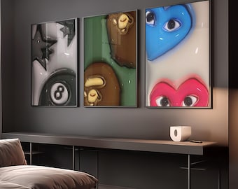 Set van 3 HypeBeast Room Decor Cool Wall Art Set DIGITALE DOWNLOAD, 3D KAWS Wall Art-bundel, HypeBeast Wall Art, Trendy Wall Art, 3D Wall Deco