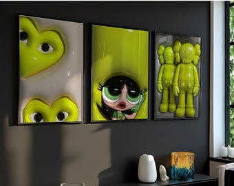 Set of 3 HypeBeast Room Decor Cool Wall Art Set DIGITAL DOWNLOAD, 3D KAWS Wall Art Bundle, HypeBeast Wall Art, Trendy Wall Art, 3D Wall Deco