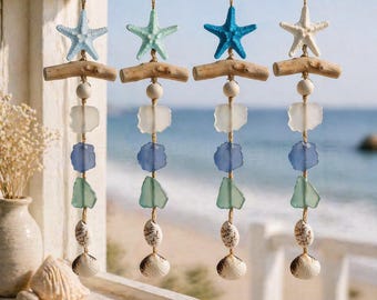 Campana de viento de estrella de mar de vitral, atrapasol de estrellas de mar de colores, decoración costera para el hogar, arte marino hecho a mano, regalo para colgar en la ventana.
