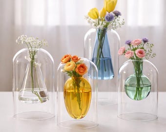 Moderne doppelwandige Hydroponik-Vasen mit transparentem Glas und kegelförmigem oder kugelförmigem Innenleben