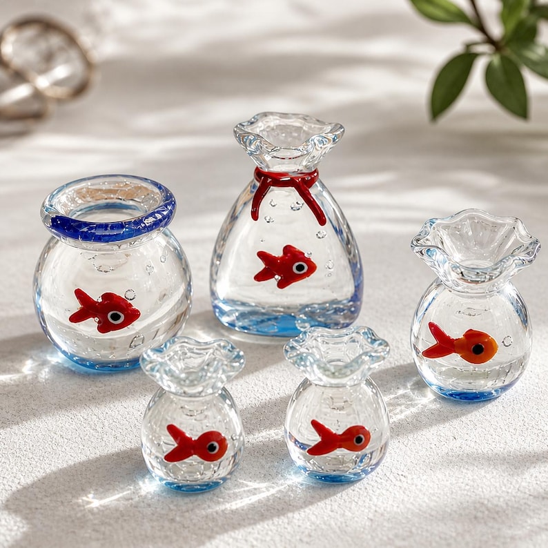 May include: A collection of five clear glass miniature vases, each with a red goldfish figurine inside. The vases have blue accents and are arranged on a light surface. One vase has a red ribbon.