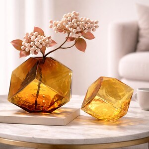 Amber/smoky gray glass cube vase,, minimalist home decor, hydroponic flower pot, floral arrangement, unique luxury style house warming gift