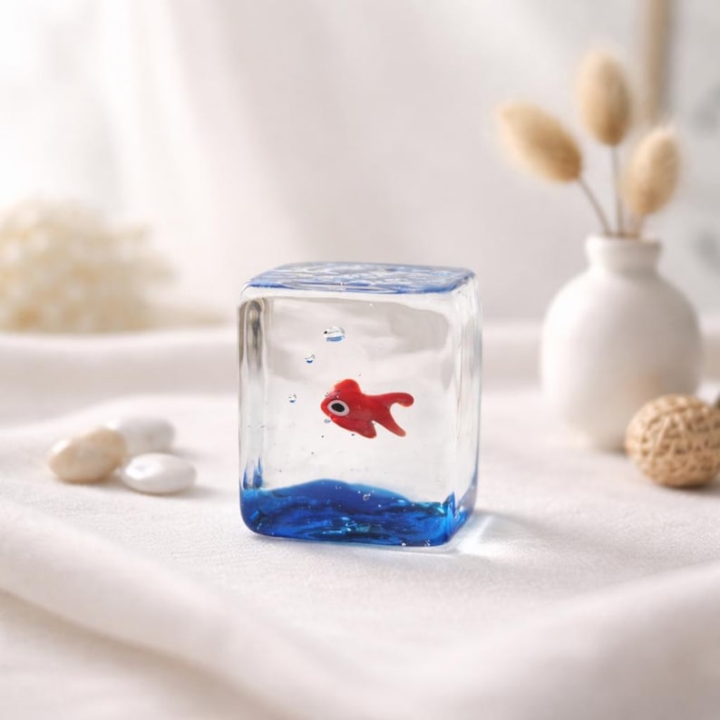 May include: A clear glass cube with a red fish figurine inside. The base of the cube features a blue wave design. Small bubbles are suspended in the water. A white vase with dried flowers is in the background.