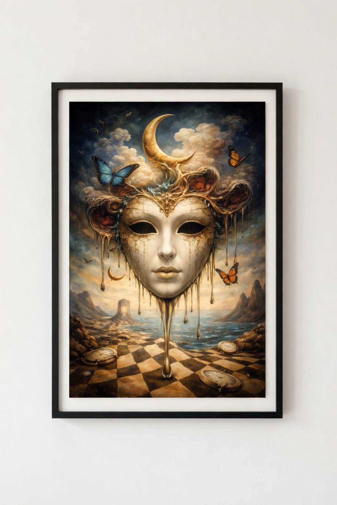 Surreal Mask Print: Dark Fantasy Dreamscape Butterflies, Melting Clocks ...