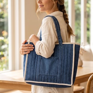 Quilted Denim Tote Bag Sewing Pattern, Work Utility Shoulder Bag PDF, Denim Purse with Pocket, DIY Canvas Tote Pattern, Jeans Tote PDF