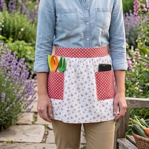 Mönster för halvförkläde, blommigt midjeförkläde, handledning för förkläde med fickor, vintage bruksförkläde, gör-det-själv-serveringsförkläde som present