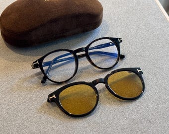 Tom Ford Tortoise Round Eyeglasses with Yellow Clip-On Lenses (50-20-145mm)
