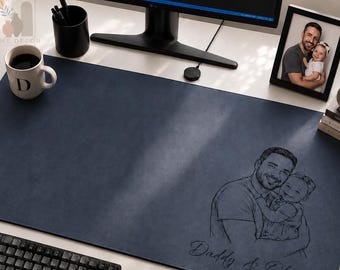 Personalized Dad We Love You Custom Photo Sketch Line Art Desk Mat, Daddy & Kid Picture Desk Pad Mouse Mat, Father's Day Gift For Husband