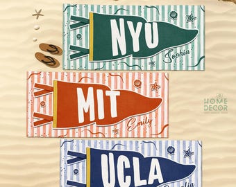 Personalized College Pennant Beach Towel, Custom School Flag Beach Towel, University Graduation Gifts, Class of 2026 Senior Gifts