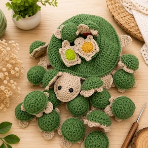 May include: A large green crocheted turtle plush featuring a textured shell adorned with smaller crocheted turtle motifs in green, yellow, and lime. The central turtle has a beige head with black eyes and numerous small green crocheted limbs.