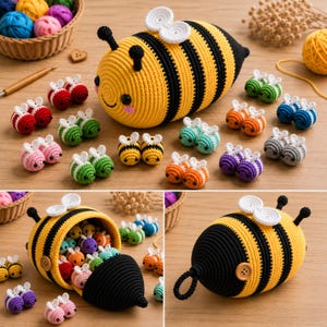 May include: A large, round, crocheted bee-shaped container with yellow and black stripes, white wings, and antennae. The container opens to reveal many small, colorful, crocheted bee figures in various colors, including red, green, blue, and orange.