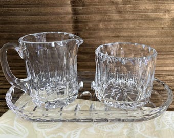 Vintage Crystal Cut Glass Creamer & Sugar Set with Tray