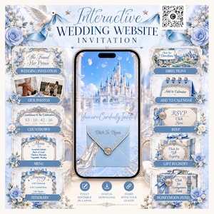 May include: An interactive wedding website invitation template featuring a central smartphone display with a castle graphic, surrounded by blue floral borders, a white dove, and buttons for directions, calendar, RSVP, gift registry, and honeymoon fund.