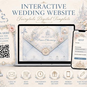 May include: An interactive wedding website digital template featuring a laptop and smartphone displaying a fairytale theme with blue and cream floral accents, a castle illustration, a QR code invitation, and icons for RSVP, countdown, and registry.
