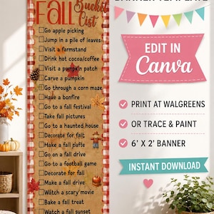 May include: A vertical rectangular banner template featuring a red and white checkered border and a tan background. The text reads Fall Bucket List with a checklist of activities. It includes illustrations of apples, pumpkins, leaves, and a scarecrow.