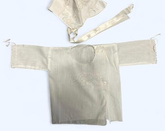 Baby 0-6 Monate antike Handarbeit 1930er Jahre Depression Ära Leinen Top und Mütze für Neugeborene