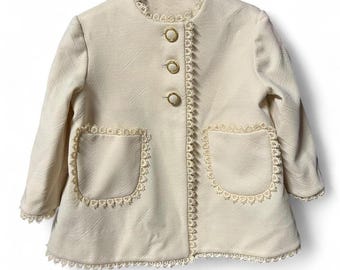 Unique little girls 5 years antique handmade cream jacket with lace trim
