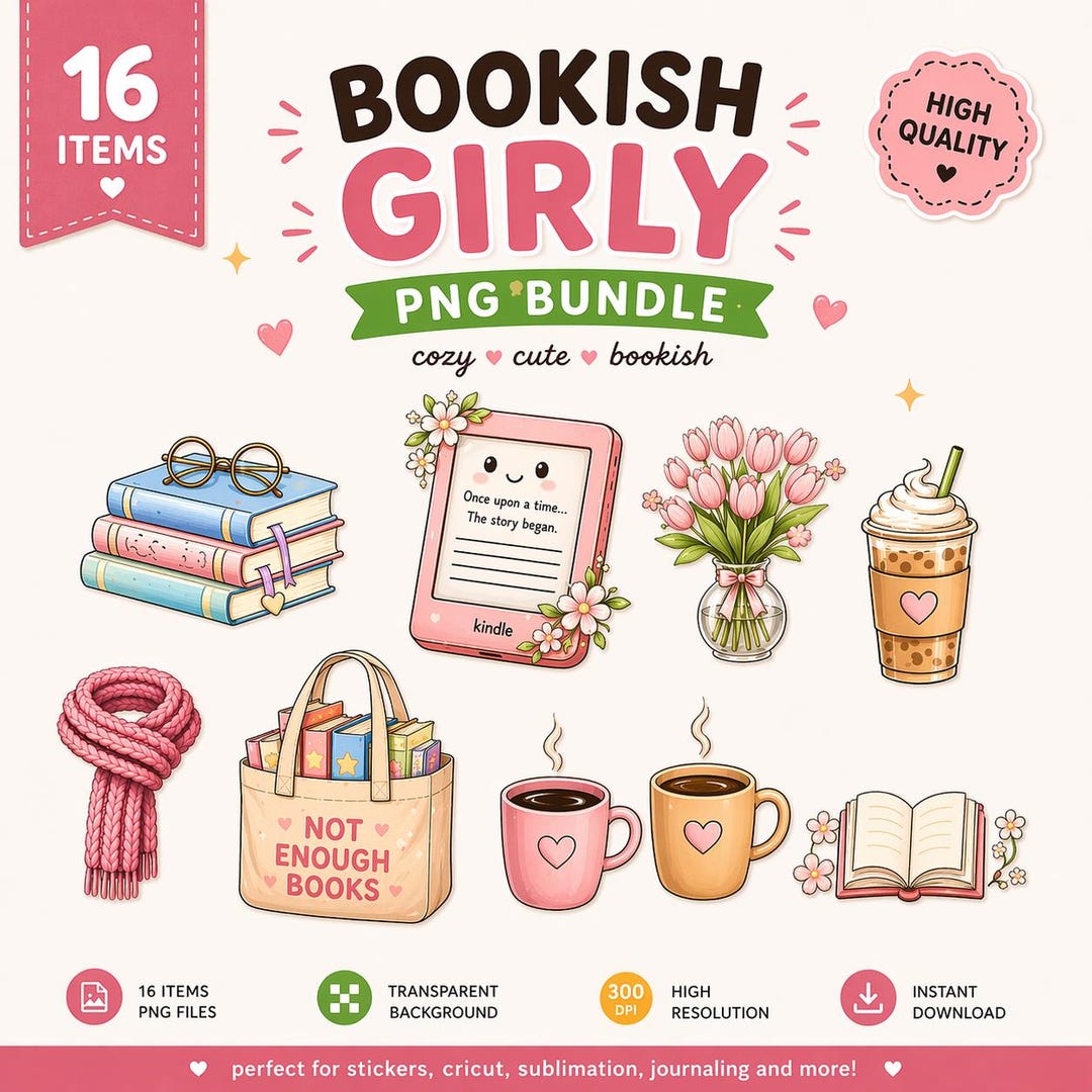 COZY Bookish Girly PNG Bundle – 16 Cute Cozy Book Lover Clipart, Kindle ...