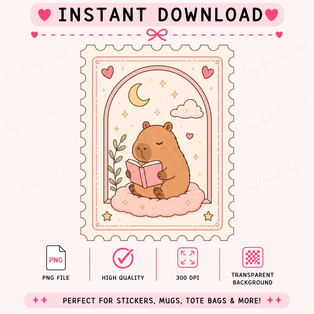 Cozy Reading Capybara PNG, Cute Kawaii Book Lover Clipart, Pastel ...