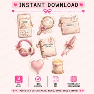 May include: A collection of pink digital illustrations with a true crime theme. Includes a smartphone, magnifying glass, headphones, evidence folder, notebook, knife, heart, and candle. Text includes "Instant Download", "True Crime Podcast", and "Investigation Notes".