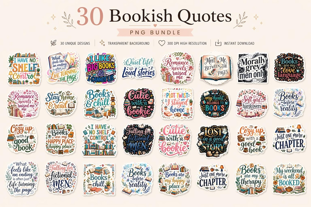Cute Bookish Quotes PNG Bundle – 30 Reading Stickers, Cozy Book Lover ...