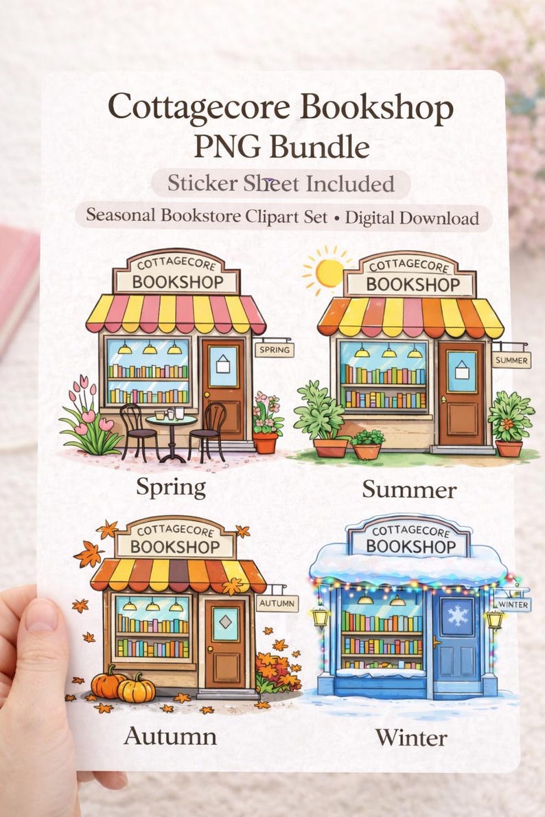Cottagecore Bookshop Clipart Bundle – Seasonal Bookstore Illustrations ...