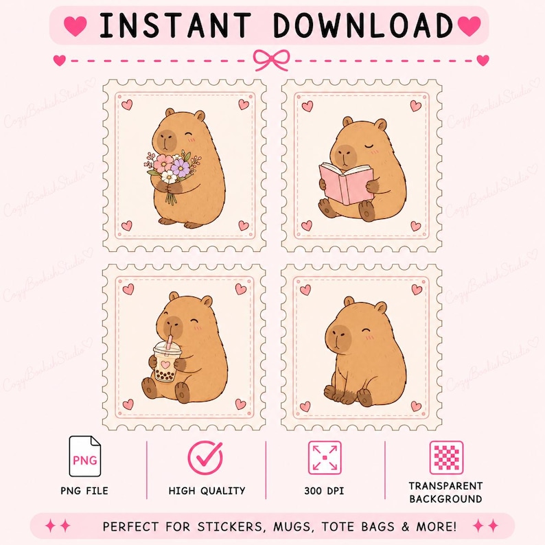 Cozy Reading Capybara PNG, Cute Kawaii Book Lover Clipart, Pastel ...