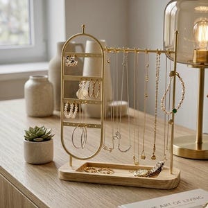Smyckesställ i guld, Halsbandshållare, Örhängesställ med bricka, Minimalistiskt smyckesställ, Present till kvinnor, Sminkbordsinredning